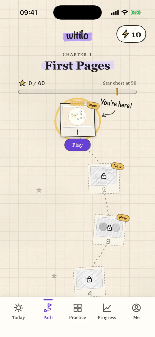 The Path: chapter one, First Pages, with stages, stars and a star chest